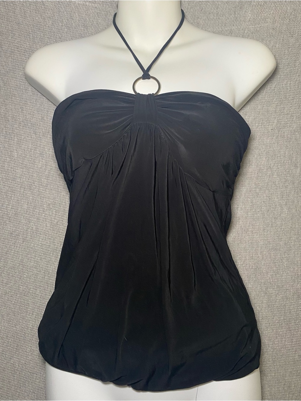 VTG Y2K Black Halter Top O-Ring Ruched Bust Bubble Hem Clubwear Party Large